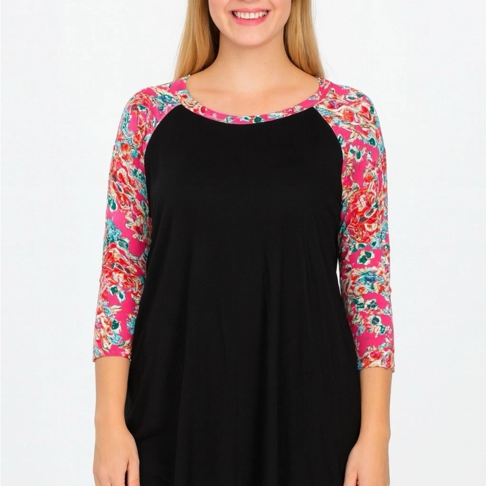 Paisley Grace Black Raglan Sleeve Tunic Top Floral 3/4 Sleeve Women Large